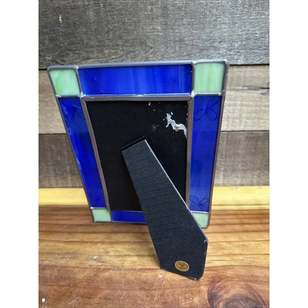 Blue & Green Slag Stained Leaded Glass Frame Holds 4x6” Photo ~ Free Standing